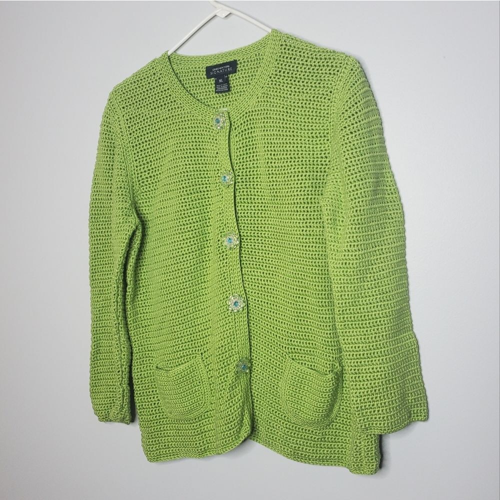 Jones New York Signature XL Green Knit Cardigan Heavyweight Large Knit